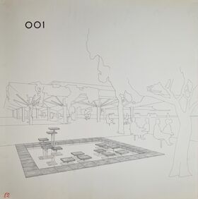 Vuoden 1966 kilpailun yksi kahdesta toisen palkinnon voittaneista perspektiivitöistä, kuvassa koristeallas ja ihmisiä istumassa sen lähistöllä. 