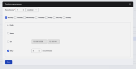 Custom recurrence pop-up showing weekly event ending after three occurrences, Monday ticked, blue Done button