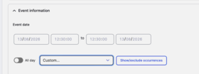 Event form showing date range 13/08/2026, time 12:30, all‑day toggle, custom dropdown and blue button