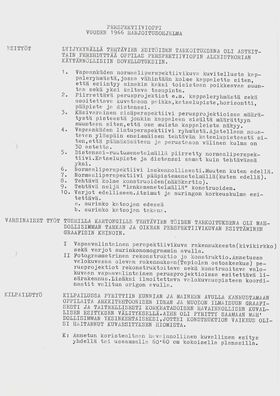 Perspektiiviopin vuoden 1966 harjoitusohjelma, johon on listattu kurssilla vaaditut esityöt, varsinaiset työt ja mahdollinen kilpailutyö.