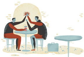 Kuvituskuva, jossa kaksi henkilöä "heittää ylävitoset". Kuvitus: Vesa-Matti Juutilainen.