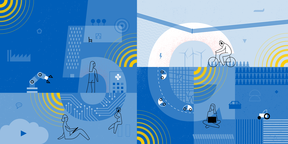 Graphic Illustration of 5G network with symbols. Graphic design: Safa Hovinen