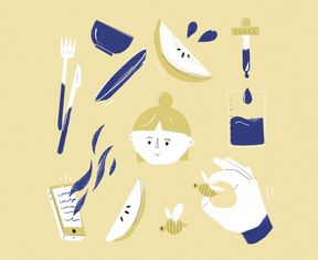 Piirroskuvassa on ruokaan liittyviä asioita, kuten ruokailuvälineitä, hymyilevät kasvot, omenanpuolikas ja mehiläisiä. Lisäksi mittalasi ja pipetti.  