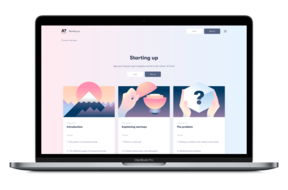 Starting up -verkkokurssin aloitusnäyttö jakautuu kolmeen osioon, joita koristavat piirroskuvat