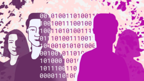 Violetti- ja beigesävyinen kuvituskuva, jossa näkyy ihmisiä ja numeroita