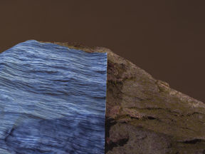 a blue colored print marking water has been placed on a rock to showcase the rising of water due to climate change 
