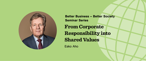 Picture of Esko Aho and the title of the seminar "From Corporate Responsibility into Shared Values" on green bakcground