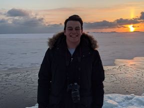 Portrait of Théotime Lemoine with a winter sunset on a background