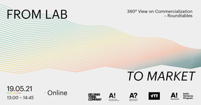 Gray background. Across goes a bunch of thin lines in waves colored yellow, orange and green. Text says "From Lab to Market".