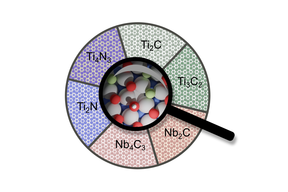 A graphic showing a magnifying glass revealing atoms in a structure