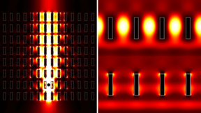 Fire-like light shines behind small black blocks in two different images. The other one is pictured from far away and the other is a more close up picture.