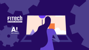Piirroskuva hahmosta, joka istuu näytön edessä selkä katsojaan päin. Taustalla on rataksen kuvia ja vasemmalla FITechin ja Aalto-yliopiston logot.