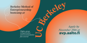 Graphic of BMOE bootcamp, with text "Flights, group transportation and accommodation fees covered. Apply by November 29th at avp.aalto.fi"