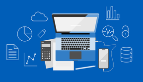 Illustration of a laptop, calculator, smartphone, documents and data symbols.