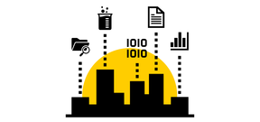 City silhouette illustration with data symbols.