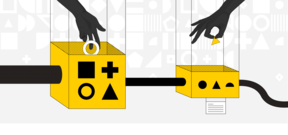 Illustration of hands dropping shapes into interconnected boxes with different shape labels