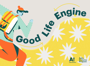 Decorative banner: Text in the middle says Good Life Engine. On the background the bottom half is covered with yellow flowers. Next to the text an illustrated character in orange pants and green-and-white shirt.