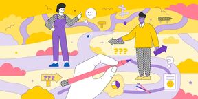 Illustration of two people on a colourful path with arrows, a hand holding a pencil, and various signs and symbols.