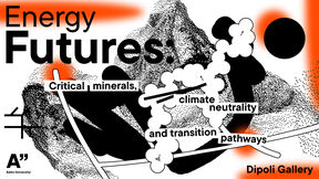 abstract monochrome shapes and patterns with deep orange red tones overlaid with the exhibition title