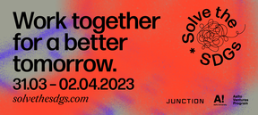 Vibrant purple and red colored banner with a decorative logo for 'Solve the SDGs'.  The tagline reads 'Work together for a better tomorrrow'.