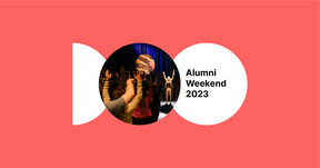 Red background with words Alumni weekend 2023 on white, a woman cheering in a smaller picture in the middle