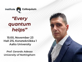 Man against a plain background with text displaying the title of the talk, which is "Every quantum helps."