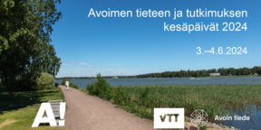 Kesäinen Otaniemen rantanäkymä, jossa Aalto-yliopiston logo ja tapahtuman nimi sekä VTT:n ja Avoimen tieteen logot.