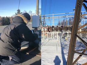 Installation of a mobile base station ongoing (on the left); a power grid substation (on the right)