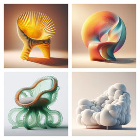 AI chairs - yellow sun like one, rainbow coloured round one, green octopus chair, cloud chair