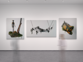 A 3D visualisation of 3 artworks presented in an exhibition setting