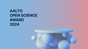 Aalto Open Science Award 2024. A light blue podium hovering over a blue-pink gradient background with the help of squishy-looking balloons with colored lights inside.