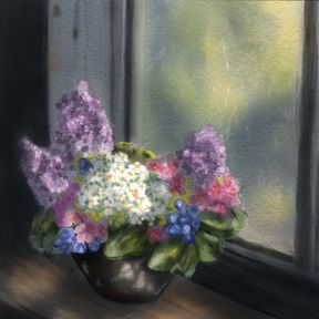 Digitaalinen maalaus ruukkukukkista ikkunan vieressä