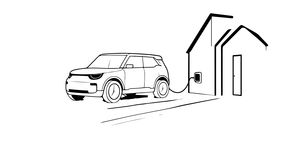 Drawing of electric vehicle connected to a home charging station.