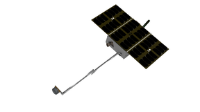 Render of the Foresail-2 satellite, showing deployed solar panels and a long boom.