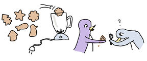 There are differently shaped cookies. One of the cookies is put in a blender. A penguin is showing a pile of cookie crumbs to an