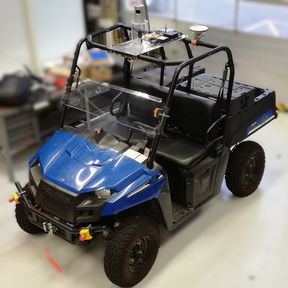 The Polaris e-ATV is shown which is used to demonstrate the smart harvester and autonomous forwarder functions.