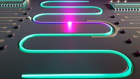 An artistic rendering of the unimon qubit in a superconducting quantum processor. The unimon consists of a superconducting resonator with an embedded Josephson junction.