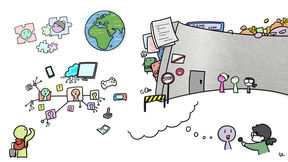 A comic illustration of a game corporation behind the barricaded wall, with game expats looking for a game job scattered around the world. Illustrated by Solip Park.