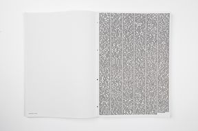 An open book with the left page blank and the right page filled with dense, small black text, aligned in columns.