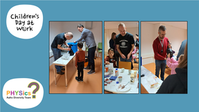 Three photos on blue background showing adults and children standing around tables