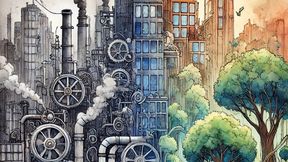 On the left hand side, the image depicts machinery, cogs, levers and exhaust gases, reflecting the prevailing approach towards urban planning where cities are perceived as complicated machines which can be optimized for environmental performance. On the right hand side, the image depicts a more vibrant, livable city with ample tree cover and wood-based built components. This reflects the proposed shift towards restorative and regenerative, living system-cities