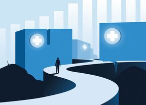 Black silhouette wonders on a road between healthcare organizations. The road branches out and one of the branches is broken.