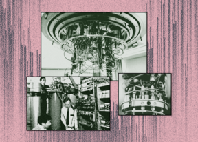 Collage of black and white photographs showing a scientist working with heavy machinery and complex equipment.