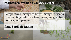 photo montage showing pictures of hands and rice grains, rice plantations and water