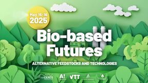 Event poster with text 'Bio-based Futures' for May 15-16, 2025, featuring paper-cut style trees and factory in background.