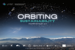 Poster for Orbiting Sustainability Workshop V1 with satellite debris above scenic mountains.