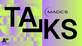 Graphic design with 'TALKS' text in black on a purple and green background. Aalto University logo bottom left. MAGICS logo top right.