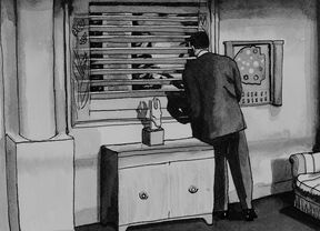 Black-and-white drawing. A man dressed in a dark suit is peeping through the blinds on a window into another space.