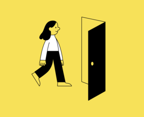 Illustration of a person walking towards an open door on a yellow background.