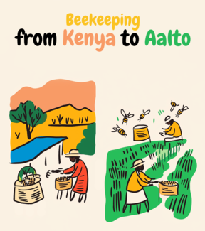 Illustration of beekeepers in Kenya and Finland with bees flying above honey containers. Text reads 'Beekeeping from Kenya to Aalto'.